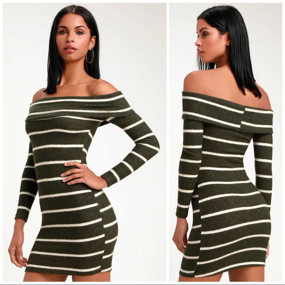 Lulus Nella Olive Green Striped Off-the-Shoulder Sweater Dress | Size L